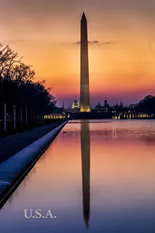 Washington Monument and reflecting pond at sunrise, Washington D.C Washington Monument and reflecting pond at sunrise, Washington D.C