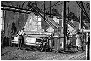 Weaving shed fitted with Jacquard power looms. Swags of punched cards carrying pattern Weaving shed fitted with Jacquard power looms. Swags of punched cards carrying pattern