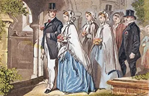 The Wedding Day a bridal party at the church door. Chromolithograph c1885 The Wedding Day a bridal party at the church door. Chromolithograph c1885