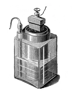 Wet Battery: Leclance cell, invented c1866. Glass vessel containing zinc rod, solution Wet Battery: Leclance cell, invented c1866. Glass vessel containing zinc rod, solution