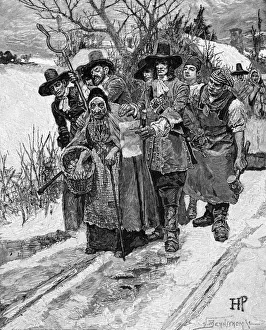 Witch hunting in America - 18th century. Old woman being arrested Witch hunting in America - 18th century. Old woman being arrested