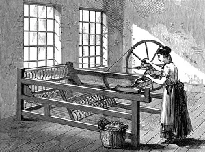 Woman using Spinning Jenny - Invented by James Hargreaves (c1720-78) in 1764. Wood Woman using Spinning Jenny - Invented by James Hargreaves (c1720-78) in 1764. Wood