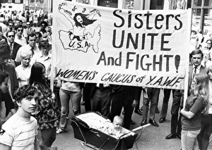 <b class=qtipBold><figcaption>Women's Liberation Gathering</figcaption></b><br>Chicago, Illinois: August 26, 1970 The Women's Liberation movement mounted its strongest campaign for equal rights to date with over 4, 000 persons turning out for the 50th anniversary of women's suffrage. The sign calls for The Women's Caucus of Youth Against War and Facism (YAWF) to unite and fight.<br><em>© Underwood Archives/UIG</em> Women's Liberation Gathering