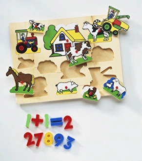 Wooden board with holes fitting shapes of farm animals, house and tractor Wooden board with holes fitting shapes of farm animals, house and tractor