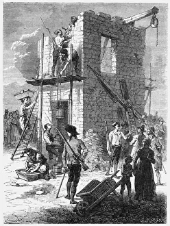 Workmen building a telegraph station to be fitted with the Chappe semaphore system c1793 Workmen building a telegraph station to be fitted with the Chappe semaphore system c1793