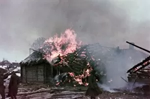 World war 2, farm house being burned by the germans in byelorussia