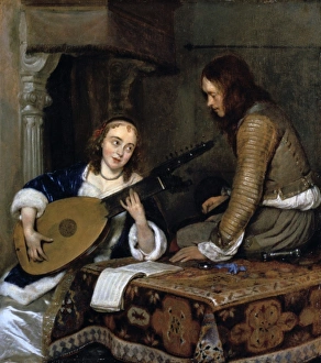 Young woman playing a lute: Dutch interior. Girl in white satin dress and blue velvet Young woman playing a lute: Dutch interior. Girl in white satin dress and blue velvet