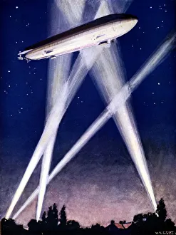 Zeppelin airship caught in searchlights