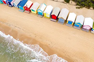 Aerial view of the Brightly Colored Beach Houses on the sand Aerial view of the Brightly Colored Beach Houses on the sand