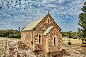 Aerial view of an old remote stone church in rural South Australia - Calca Aerial view of an old remote stone church in rural South Australia - Calca