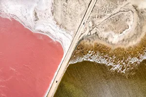 Aerial view over a pink salt lake in South Australia Aerial view over a pink salt lake in South Australia