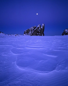 Australia, New South Wales, moon over Ramshead Range, dusk Australia, New South Wales, moon over Ramshead Range, dusk