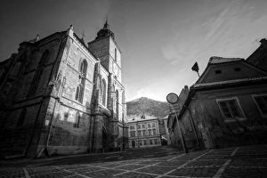 Brasov black church and old town and mountain view Brasov black church and old town and mountain view