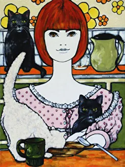 Cat Lady with Cats in a Retro Ktchen Painting Cat Lady with Cats in a Retro Ktchen Painting