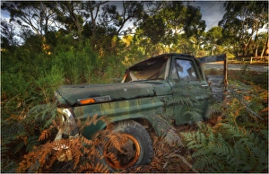 Derelict old Ford Pick-up lying on the roadside on King Island, Bass Strait, Tasmania, Australia Derelict old Ford Pick-up lying on the roadside on King Island, Bass Strait, Tasmania, Australia