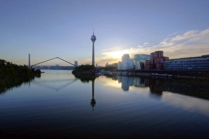 Dusseldorf Rheinturm and Gehry-buildings Der Neue Zollhof in Hafen at sunrise Dusseldorf Rheinturm and Gehry-buildings Der Neue Zollhof in Hafen at sunrise