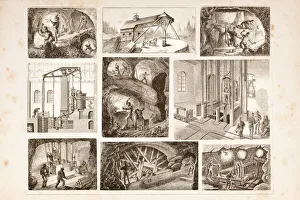 Engraving men working in mine digging for gold and carbon Engraving men working in mine digging for gold and carbon