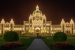 The Main Block of the British Columbia Parliament Buildings Light Up at Night, Victoria The Main Block of the British Columbia Parliament Buildings Light Up at Night, Victoria