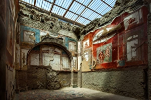 Painted Murals And Frescoes Inside A Room At The Ancient Roman Ruins At Herculaneum Painted Murals And Frescoes Inside A Room At The Ancient Roman Ruins At Herculaneum