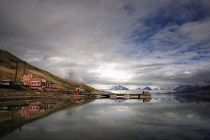 Russian mining settlement and glacier in Svalbard Russian mining settlement and glacier in Svalbard