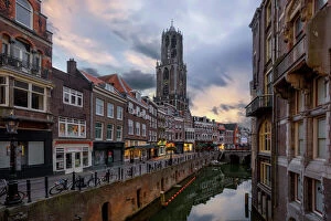 Clock Tower Gallery: Sunrise View of the Dom Tower and the Vismarkt-Choorstraat Along Oudegracht, Utrecht, Netherlands