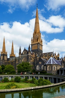 View of the Gothic Revival Central Tower of St Patricks Cathedral, Melbourne, Victoria View of the Gothic Revival Central Tower of St Patricks Cathedral, Melbourne, Victoria