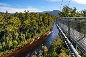 View of Huon River and the Cantilever Bridge on the Tahune Forest AirWalk, Huon Valley, Southern Tasmania, Australia View of Huon River and the Cantilever Bridge on the Tahune Forest AirWalk, Huon Valley, Southern Tasmania, Australia