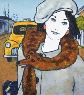 Young Woman Traveling and Wearing Fox Fur Oil Painting Young Woman Traveling and Wearing Fox Fur Oil Painting