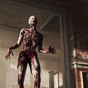 Zombie: male zombie walking through dark house Zombie: male zombie walking through dark house