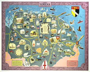 <b class=qtipBold><figcaption>1984-8207</figcaption></b><br>Poster, BR (ER), A Map of Norfolk. With an illustrated map of the region showing key landmarks and characters. Format, quad royal.<br><em>© National Railway Museum</em> 1984-8207