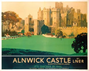 <b class=qtipBold><figcaption>'Alnwick Castle', LNER poster, 1933</figcaption></b><br>Poster produced by London & North Eastern Railway (LNER) to promote rail travel to Northumberland. The poster shows a view of Alnwick Castle, home to the Duke of Northumberland and the second largest lived-in castle in England (the first being Windsor Castle). It featured as the setting for the film 'Harry Potter and the Philosopher's Stone'. Artwork by Fred Taylor, who was commissioned in 1930 to design four ceiling paintings for the Underwriting Room at Lloyd's and murals for Reed's Lacquer Room. He exhibited at the Royal Academy and other London galleries and worked for LNER, London Transport and several shipping companies. <br><em>© Please read our licence terms. All digital images must be destroyed unless otherwise agreed in writing.</em> 'Alnwick Castle', LNER poster, 1933