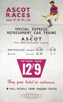 <b class=qtipBold><figcaption>'Ascot Races', BR poster, 1954</figcaption></b><br>Poster produced by British Railways (BR) to promote train services to the Ascot races from Waterloo Station. The railway laid on special refreshment car trains for the event. Artwork by Patrick Cokayne Keely (d 1970), who in addition to designing railway posters, also designed posters for the British and Dutch governments. <br><em>© Please read our licence terms. All digital images must be destroyed unless otherwise agreed in writing.</em> 'Ascot Races', BR poster, 1954