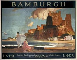 <b class=qtipBold><figcaption>'Bamburgh', LNER poster, 1925</figcaption></b><br>Poster produced for the London & North Eastern Railway (LNER), promoting rail travel to Bamburgh in Northumberland, showing two young women in draped costumes, on a beach, with Bamburgh Castle seen in the background. Artwork by William Russell Flint (1880-1969). Printed by The Avenue Press, London. Dimensions: 1016mm x 1270mm. <br><em>© Please read our licence terms. All digital images must be destroyed unless otherwise agreed in writing.</em> 'Bamburgh', LNER poster, 1925