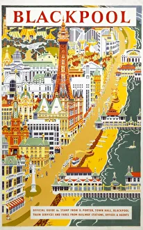<b class=qtipBold><figcaption>'Blackpool', BR (LMR) poster, 1955</figcaption></b><br>Poster produced for British Railways (BR), London Midland Region (LMR), promoting the Lancashire seaside resort of Blackpool, showing a colourful stylised view of the promenade, piers and beaches, with Blackpool Tower and town buildings. Printed by Charles & Read Ltd, London and Harlow. Dimensions: 1016mm x 635mm. <br><em>© Please read our licence terms. All digital images must be destroyed unless otherwise agreed in writing.</em> 'Blackpool', BR (LMR) poster, 1955