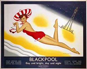 <b class=qtipBold><figcaption>'Blackpool', BR poster, 1960</figcaption></b><br>Poster produced for British Railways (BR) London, Midland Region to promote train services to the popular Lancashire seaside resort of Blackpool, showing a woman in a red bathing costume and hat lying on the beach reading a book. Blackpool Tower is seen in the background. Artwork by Dickens. <br><em>© Please read our licence terms. All digital images must be destroyed unless otherwise agreed in writing.</em> 'Blackpool', BR poster, 1960