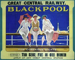 <b class=qtipBold><figcaption>'Blackpool', GCR poster, 1910</figcaption></b><br>Poster produced for the Great Central Railway (GCR) to promote rail travel to Blackpool, Lancashire. The poster shows three smiling, elegantly dressed women with parasols and sun hats sitting on a railing with the sea behind them. Artwork by Wilton Williams. Dimensions: 1016 mm x 1270 mm. <br><em>© Please read our licence terms. All digital images must be destroyed unless otherwise agreed in writing.</em> 'Blackpool', GCR poster, 1910