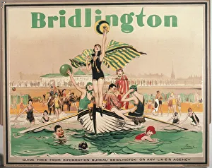 <b class=qtipBold><figcaption>'Bridlington', LNER poster, 1925</figcaption></b><br>Poster produced for the London & North Eastern Railway (LNER) to promote rail services to the Yorkshire coastal resort of Bridlington. The poster presents an image of Bridlington as a place full of frolicking, bathing belles and endless fun. Artwork by William Barribal, who in addition to designing railway posters for LNER, also worked as a figure and studio painter as well as a print illustrator. He held regular exhibitions between 1919 and 1938. Printed by John Waddington Ltd, Leeds & London. <br><em>© Please read our licence terms. All digital images must be destroyed unless otherwise agreed in writing.</em> 'Bridlington', LNER poster, 1925