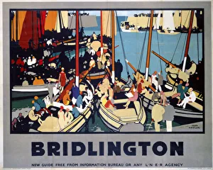 <b class=qtipBold><figcaption>'Bridlington', LNER poster, 1928</figcaption></b><br>Poster produced for London & North Eastern Railway (LNER) to promote rail travel to Bridlington, Yorkshire. The poster shows several boats crowded with people on Bridlington Bay. Artwork by Fred Taylor, who was commissioned in 1930 to design four ceiling paintings for the Underwriting Room at Lloyd's and murals for Reed's Lacquer Room. He exhibited at the Royal Academy and other London galleries and worked for the Empire Marketing Board, LNER, London Transport and several shipping companies. Dimensions: 1016 mm x 1270 mm. <br><em>© Please read our licence terms. All digital images must be destroyed unless otherwise agreed in writing.</em> 'Bridlington', LNER poster, 1928