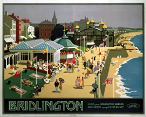 <b class=qtipBold><figcaption>'Bridlington', LNER poster, 1930</figcaption></b><br>Poster produced by London & North Eastern Railway (LNER) to promote train services to Bridlington, North Yorkshire. Artwork by Henry George Gawthorn (1879-1941), who started out as an architect but later turned to pictorial art. He wrote several books on poster design and publicity and produced posters for LNER. He often inserted a self-portrait into many of his posters, complete with pince-nez and a panama hat. <br><em>© Please read our licence terms. All digital images must be destroyed unless otherwise agreed in writing.</em> 'Bridlington', LNER poster, 1930