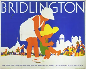 <b class=qtipBold><figcaption>'Bridlington', LNER poster, c 1935</figcaption></b><br>Poster produced for the London & North Eastern Railway (LNER) to promote the Yorkshire coastal resort of Bridlington, showing two children in the sea. Artwork by Tom Purvis, who rallied for the professionalisation of commercial art. In 1930 he was one of the group of artists who founded the Society of Industrial Artists, which campaigned for improved standards of training for commercial artists in order to broaden their scope of employment. He became one of the first Royal Designers for Industry in 1936. This poster typifies Purvis' style, which was often characterised by flat, strong colours. Dimensions: 1016 mm x 1270 mm. <br><em>© Please read our licence terms. All digital images must be destroyed unless otherwise agreed in writing.</em> 'Bridlington', LNER poster, c 1935