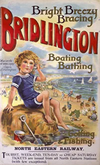 <b class=qtipBold><figcaption>'Bridlington', NER poster, c 1910</figcaption></b><br>Poster produced by North Eastern Railway (NER) to promote the range of tickets offered to the coastal holiday destination of Bridlington, North Yorkshire. The poster shows a beach scene with a child in foreground holding a shell to her ear. Artwork by an unknown artist. <br><em>© Please read our licence terms. All digital images must be destroyed unless otherwise agreed in writing.</em> 'Bridlington', NER poster, c 1910