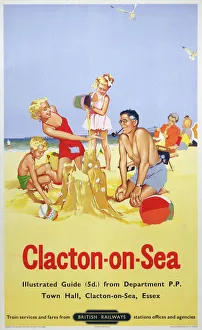 <b class=qtipBold><figcaption>'Clacton-on-Sea', BR poster, 1958</figcaption></b><br>Poster produced by British Railways to promote rail services to Clacton-on-Sea, Essex. The poster shows a family building a sand castle on the beach. Artist unknown. <br><em>© Please read our licence terms. All digital images must be destroyed unless otherwise agreed in writing.</em> 'Clacton-on-Sea', BR poster, 1958