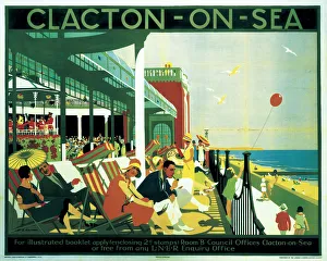 <b class=qtipBold><figcaption>'Clacton-on-Sea', LNER poster, 1926</figcaption></b><br>Poster produced for the London & North Eastern Railway (LNER) to promote rail travel to Clacton in Essex. The poster shows people sitting on deck chairs on a balcony which overlooks the beach. Artwork by Henry George Gawthorn (1879-1941), who started out as an architect but later turned to pictorial art. He wrote several books on poster design and publicity and produced posters for LNER. He often included a self-portrait in his posters, complete with pince-nez and a panama hat. Dimensions: 1016 mm x 1270 mm. <br><em>© Please read our licence terms. All digital images must be destroyed unless otherwise agreed in writing.</em> 'Clacton-on-Sea', LNER poster, 1926