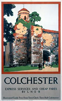 <b class=qtipBold><figcaption>'Colchester', LNER poster, 1932</figcaption></b><br>Poster produced for the London & North Eastern Railway (LNER), promoting express services and cheap fares on rail travel to the Essex town of Colchester. The poster shows visitors entering the ruins of the 11th century Norman Colchester Castle. Artwork by Fred Taylor (1875-1963). <br><em>© Please read our licence terms. All digital images must be destroyed unless otherwise agreed in writing.</em> 'Colchester', LNER poster, 1932