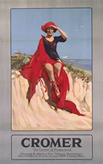 <b class=qtipBold><figcaption>'Cromer', LNER poster, 1923-1947</figcaption></b><br>Poster produced by the London & North Eastern Railway (LNER) to promote rail travel to the coastal town of Cromer, Norfolk, 'the Centre of Poppyland'. The poster shows a woman in a red and black bathing costume sitting jauntily on a dune, shading her eyes to admire the view. Artwork by an unknown artist. <br><em>© Please read our licence terms. All digital images must be destroyed unless otherwise agreed in writing.</em> 'Cromer', LNER poster, 1923-1947