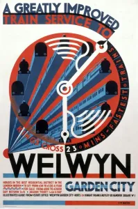 Prints of Welwyn Garden City, A Greatly Improved Train Service to Kings Cross England Prints: Welwyn Garden City Print, a 1930s railway poster