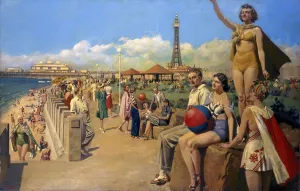Fortunino Matania Prints: Blackpool Beach Print, c 1930s Oil on Canvas