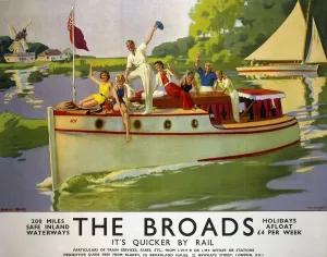 Prints of Poster produced for London and North Eastern Railway (LNER) and London, Midland and Scottish Railway (LMS) to promote rail travel to the Norfolk Broads, 200 Miles of Safe Inland Waterways England Prints: The Broads, LNER / LMS Print