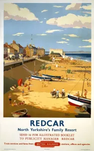 Prints of Poster produced for British Railways (BR) to promote rail travel to Redcar, North Yorkshire. The poster shows a view of the seaside with the promenade, beach and some boats on the sand England Prints: Redcar Seaside Print, 1958
