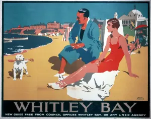 Prints of Poster produced for the London and North Eastern Railway (LNER), promoting rail travel to the popular seaside resort of Whitley Bay, Tyne and Wear, showing a young couple on the beach Pop Art Prints: Whitley Bay Print, a 1923-1947 LNER poster